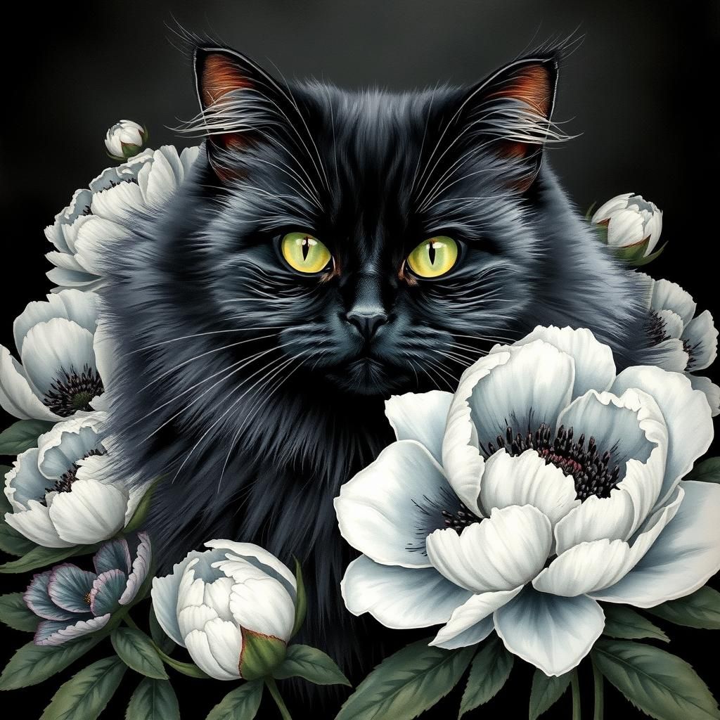 Black Cat Surrounded by Black and White Peonies