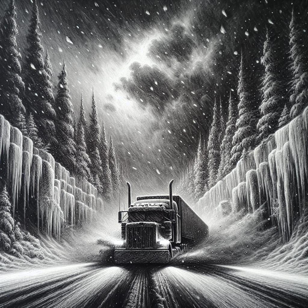 Truck Navigates Icy Highway in Winter Charcoal Drawing