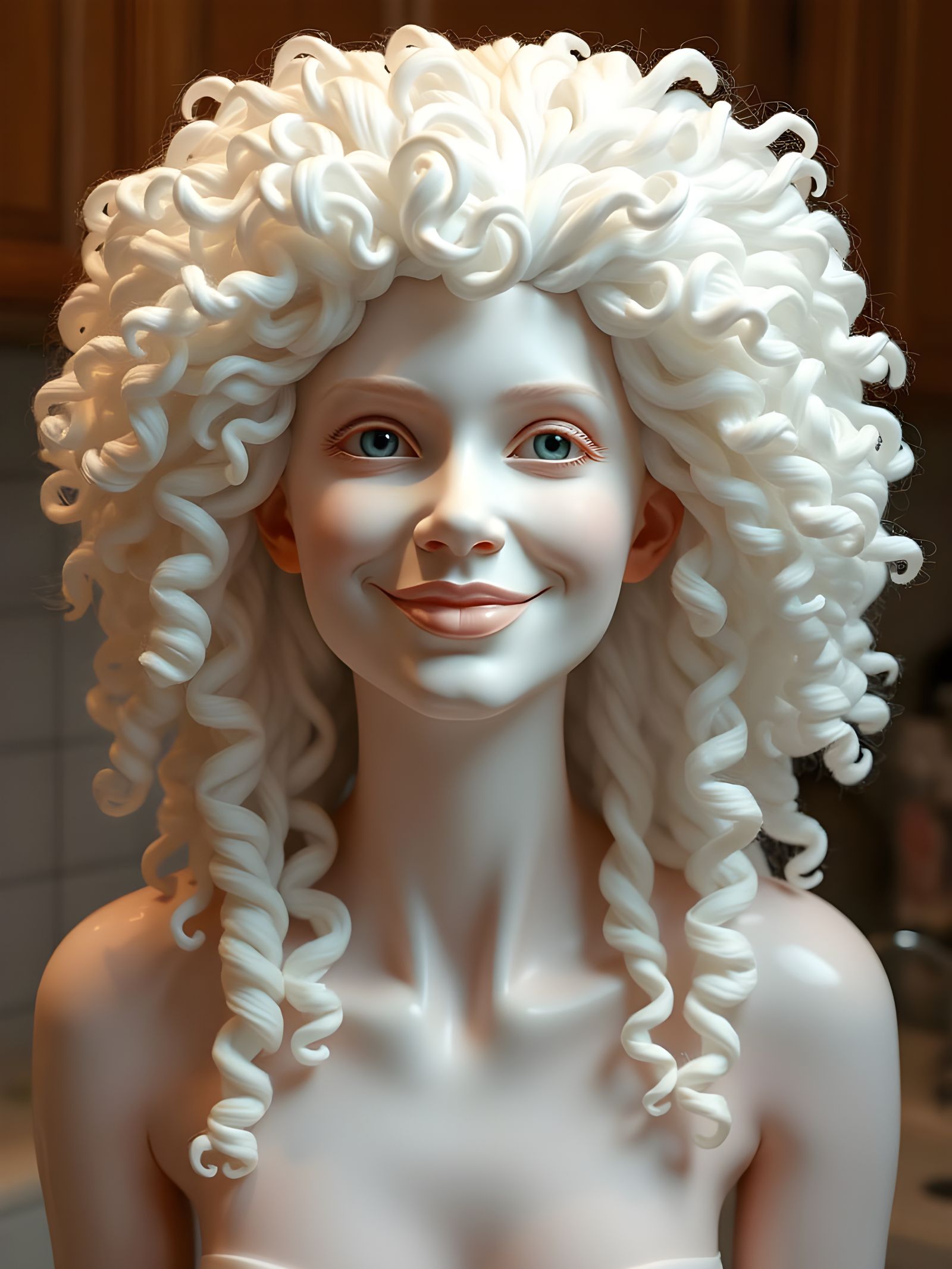 Surreal Porcelain Woman with Curly White Hair