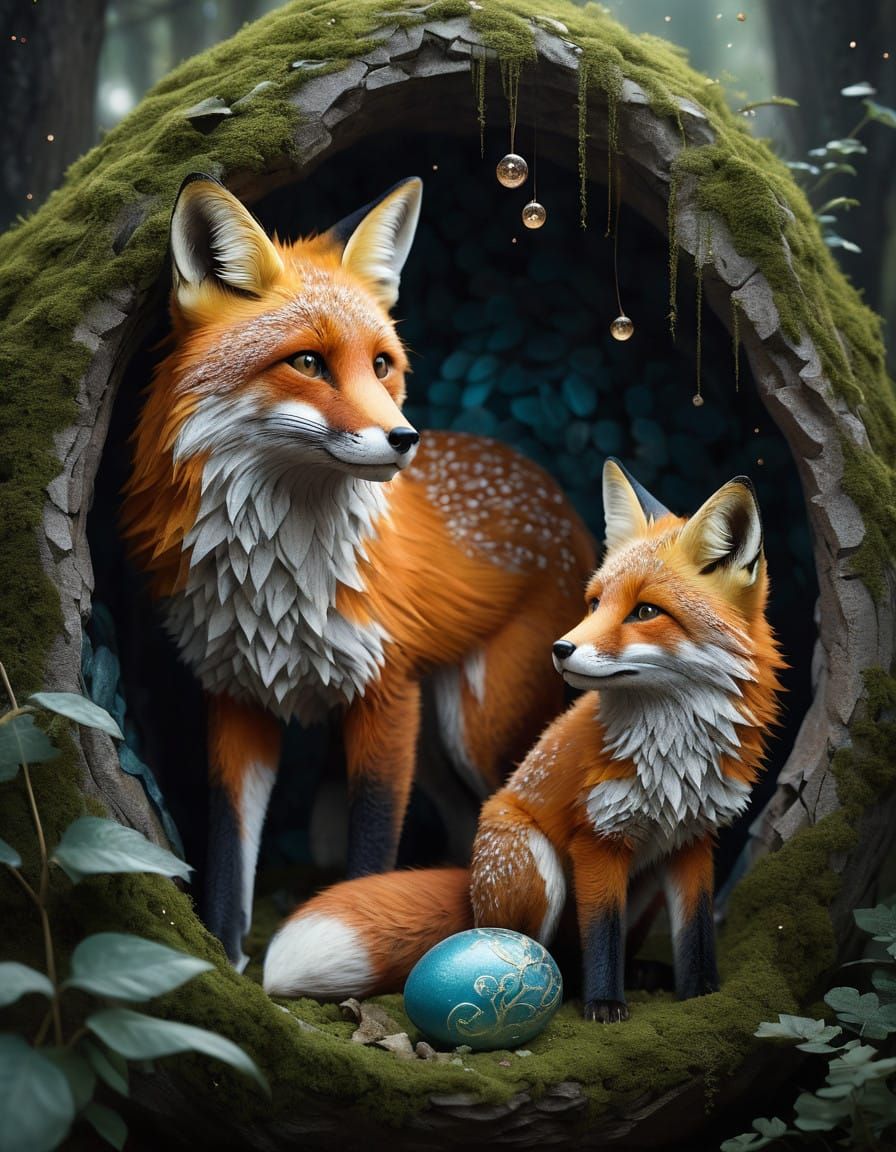 Enchanted Fox Family Emerges from Glowing Dragon Egg