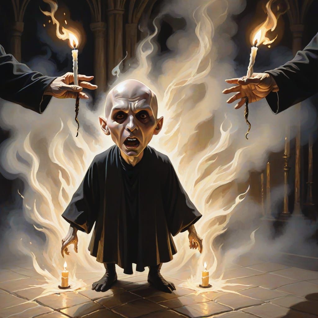 Voldemort Casting Spell in Dark Chamber as Gouache Painting