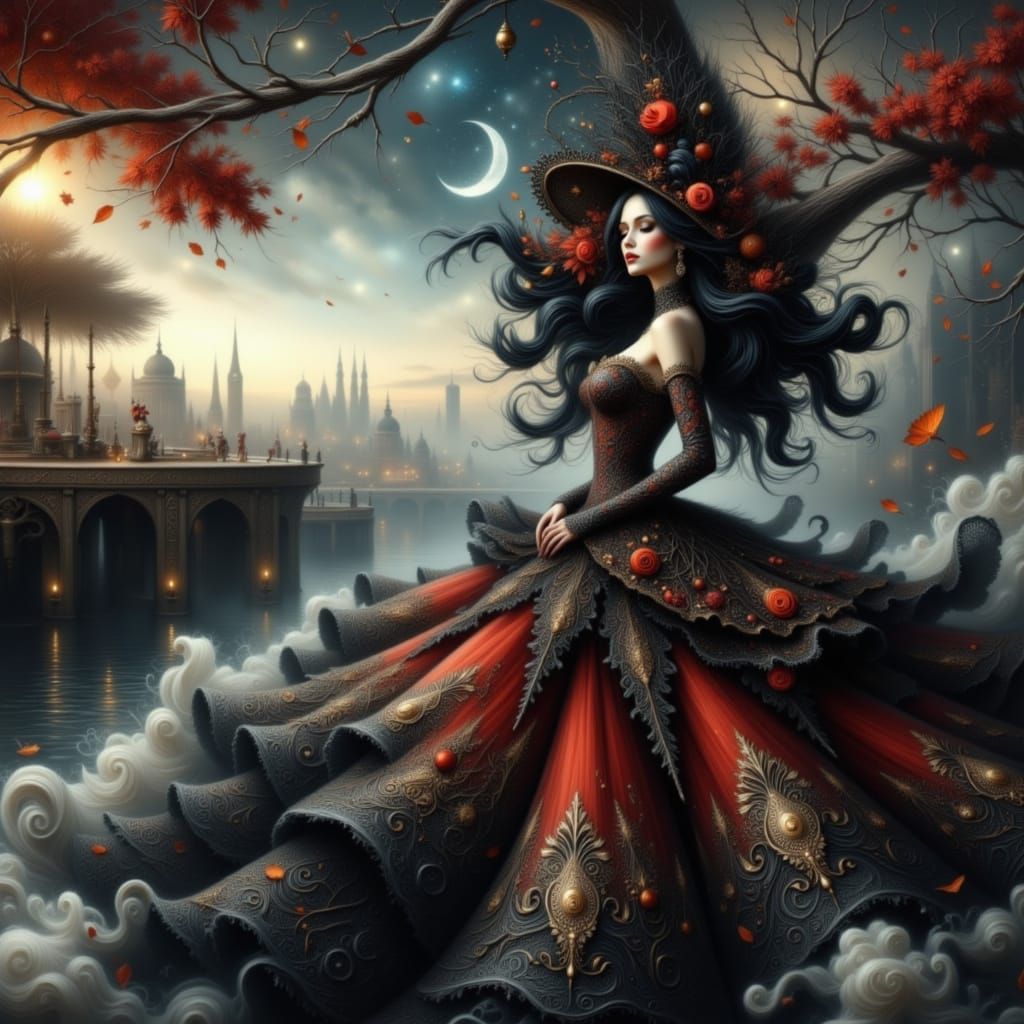 Enchanting Woman in Elaborate Attire in Surreal Landscape