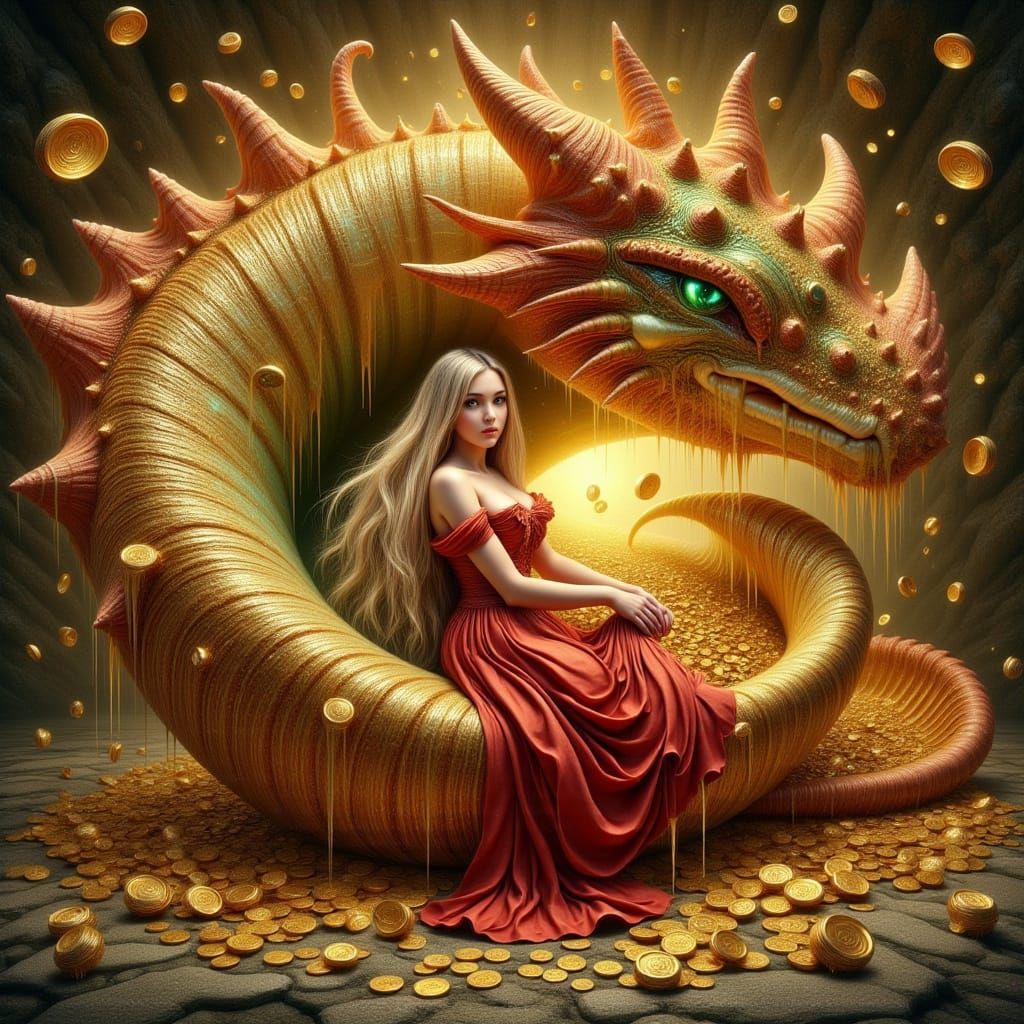 Dragon Protects Princess in Golden Coin Cave