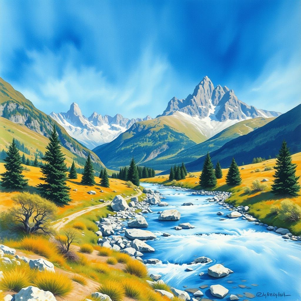 Alpine Mountains in Watercolor Style