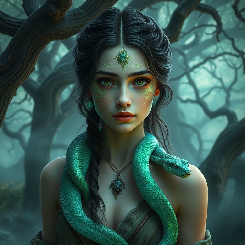 Mystical Green-Scaled Woman with Serpentine Companion