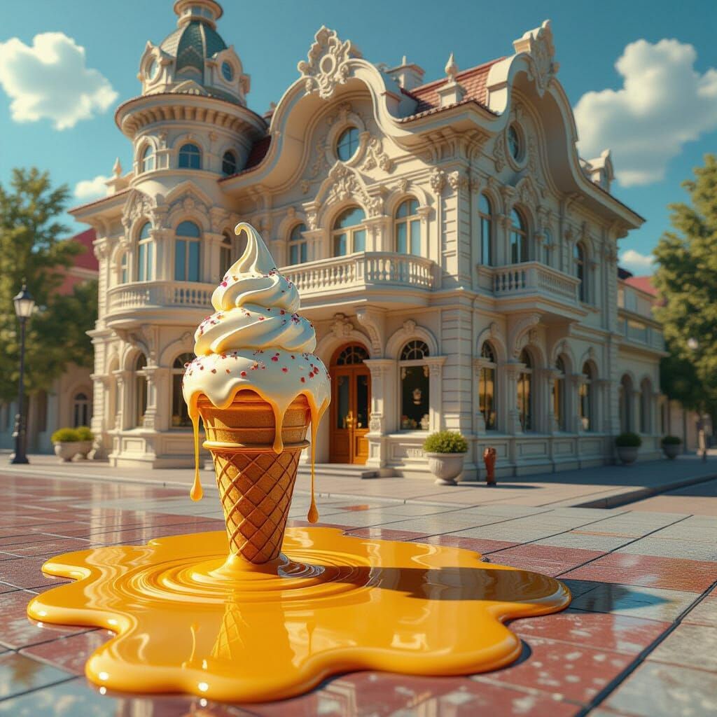 Surreal Wax Building with Melting Ice Cream, Dreamy Digital ...