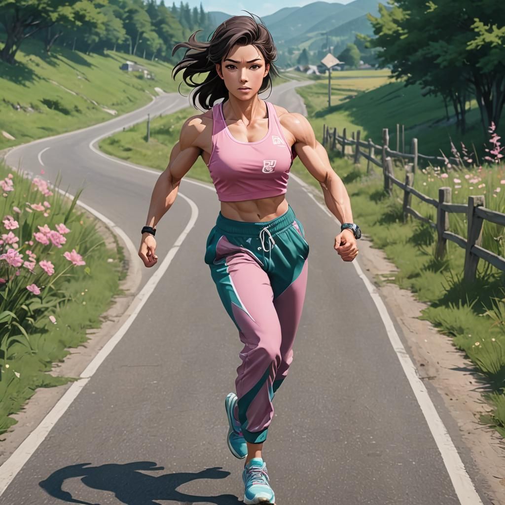 Musclebound Anime Woman Jogging in 3D Art Style