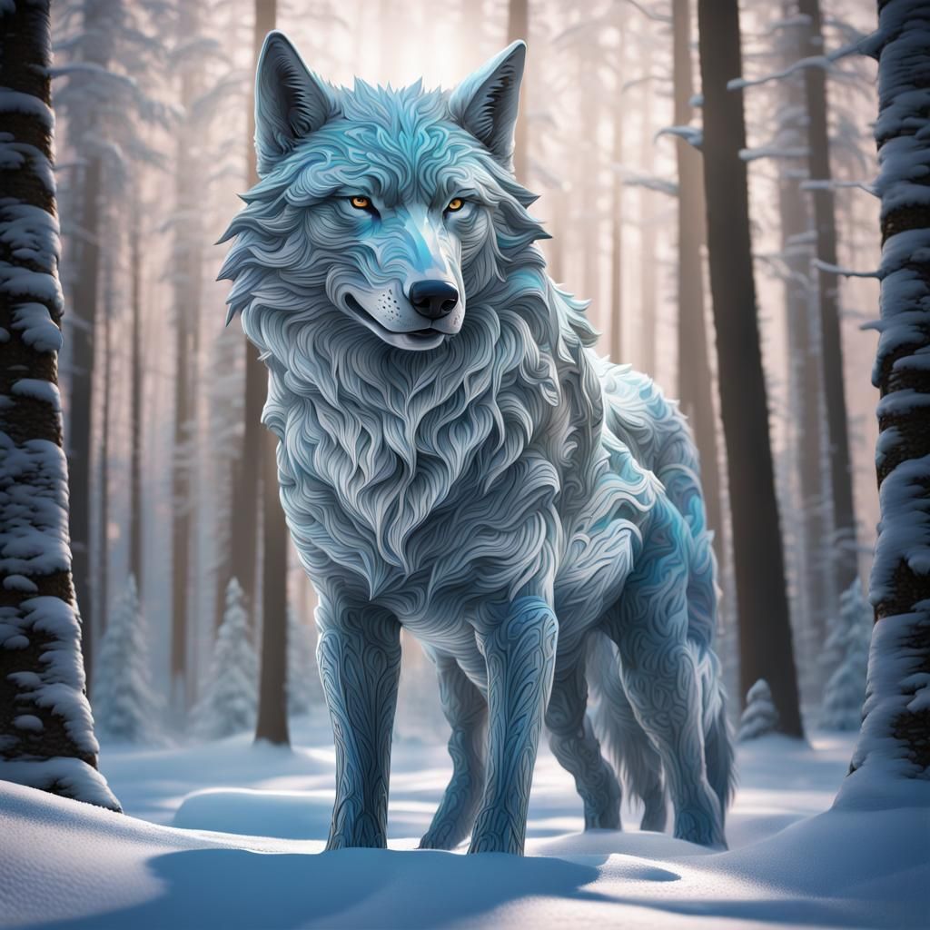 Ice Wolf Sculpture in Forest, Splash Art Style