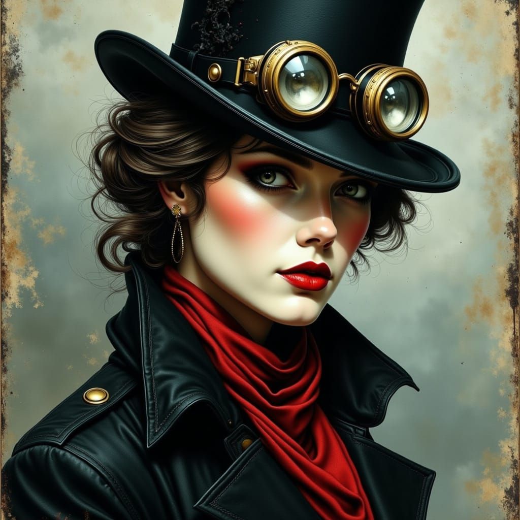Steampunk Woman Portrait in Black Top Hat with Red Scarf