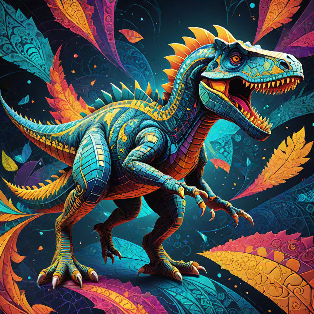 Surreal Futuristic Dinosaur in Dynamic Batik Pattern