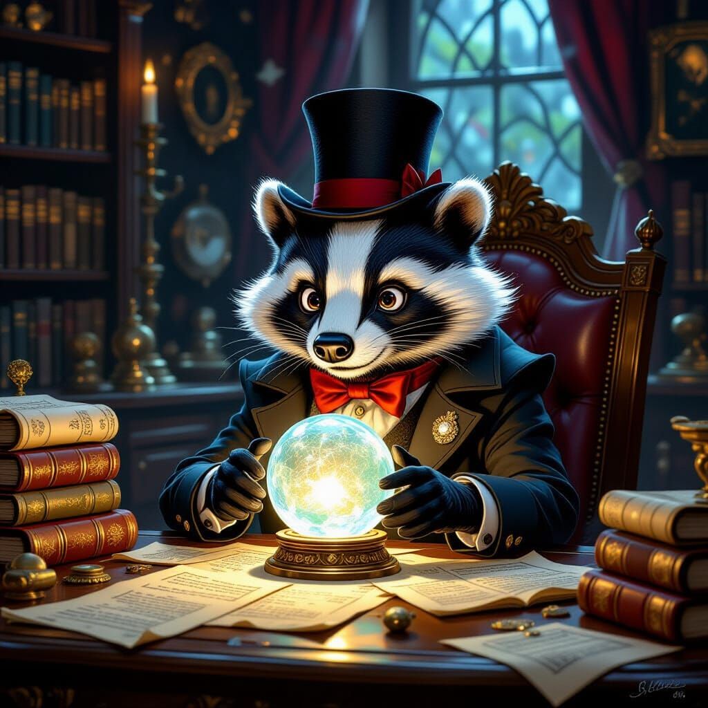 Anthropomorphic Badger Scholar Studying Crystal Ball in Dust...