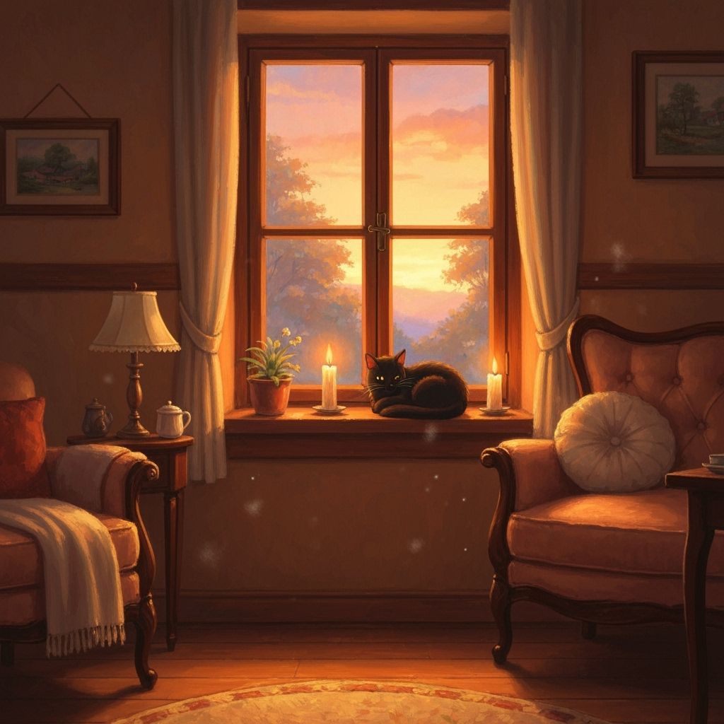 Cozy Cottage Interior at Sunset with Black Cat and Candlelig...