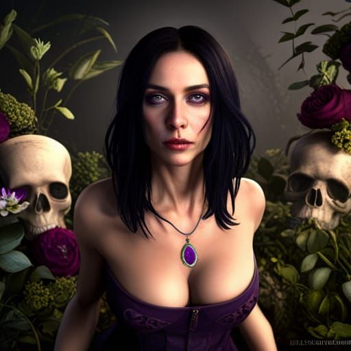 Ethereal Woman Surrounded by Skulls and Flowers