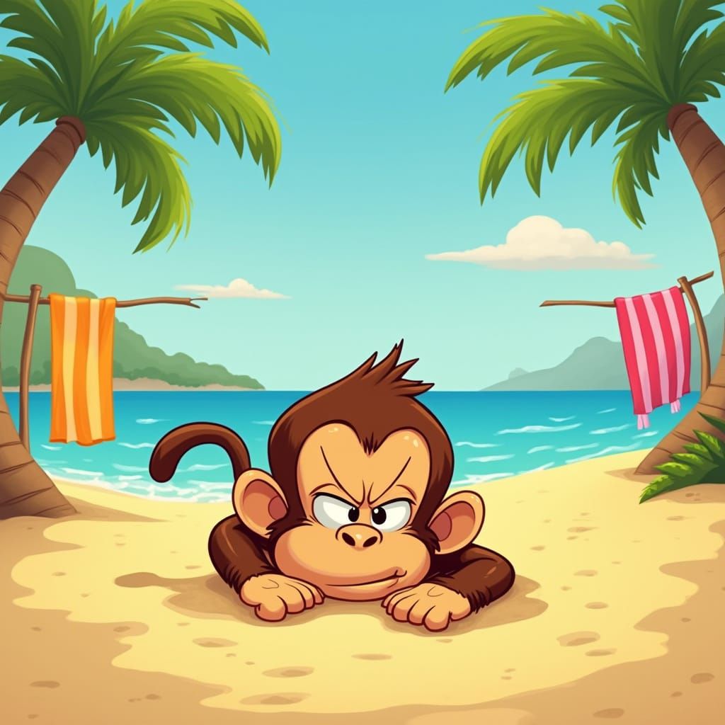 Whimsical Beach Monkey Buried in Sand