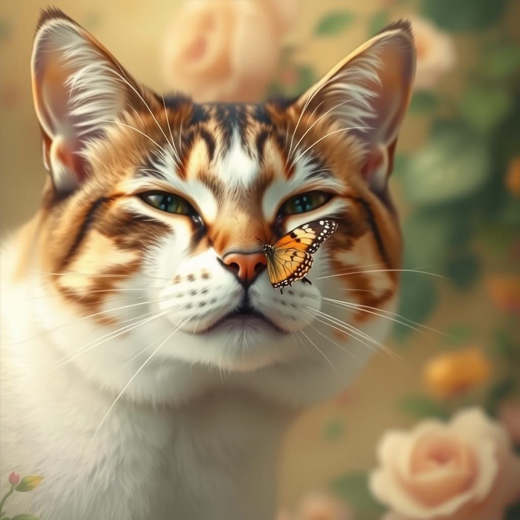 Ethereal Feline Encounter: Gentle Cat Surprised by Delicate ...