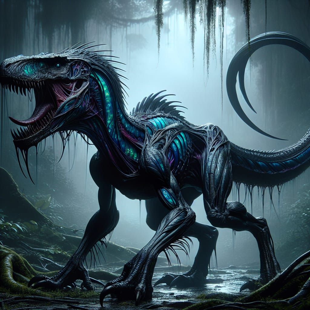 Xenomorph Velociraptor Hybrid in Gloomy Jungle