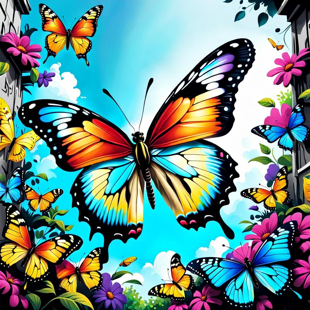 Vibrant Butterfly in Flight Over Graffiti Art