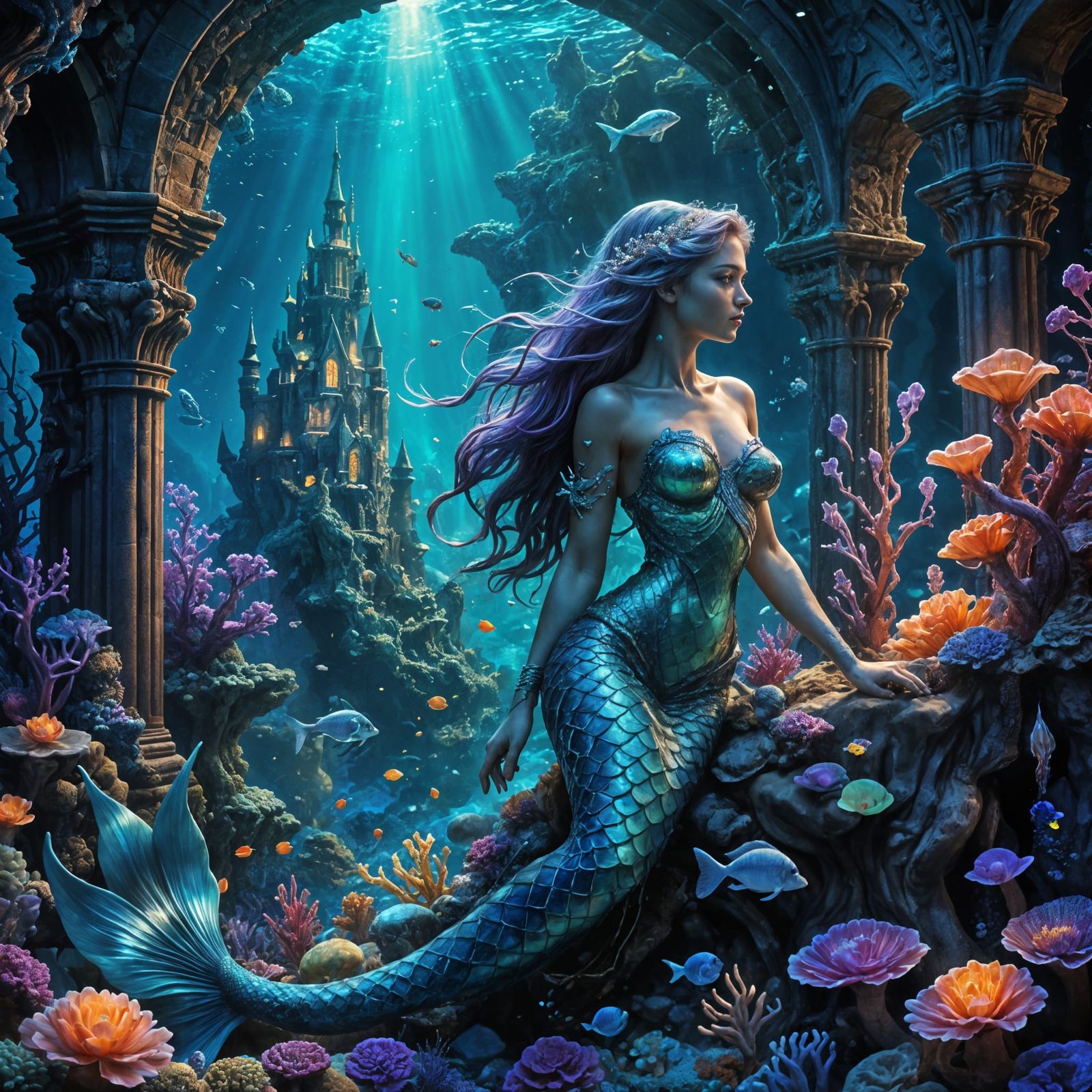Majestic Mermaid in Vibrant Coral Reef Castle
