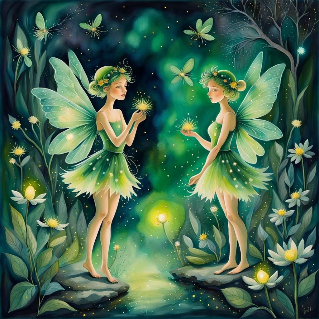 Fairies in Surreal Moonlit Mindscape, Expressionist Watercol...