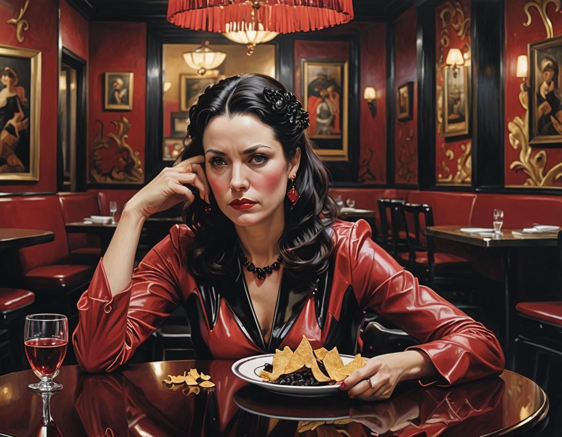 Woman in Latex in Restaurant, Pre-Raphaelite Style