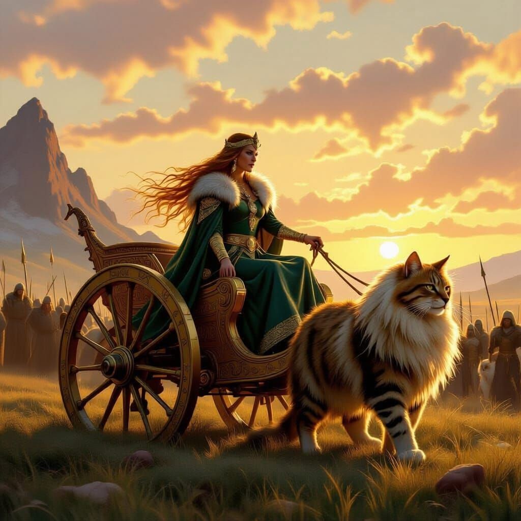 Freyja Surveys Battlefield from Golden Chariot Pulled by Cat...