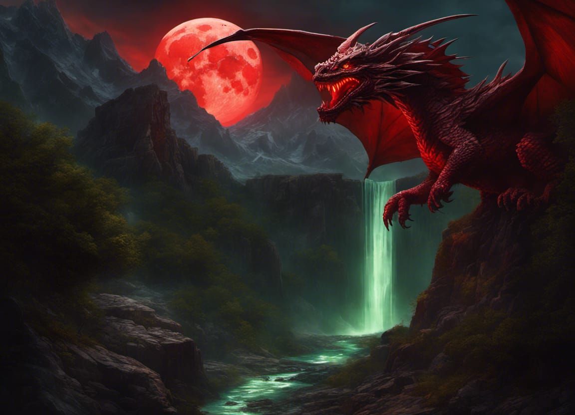 Green Dragon and Waterfall in Dark Fantasy Style