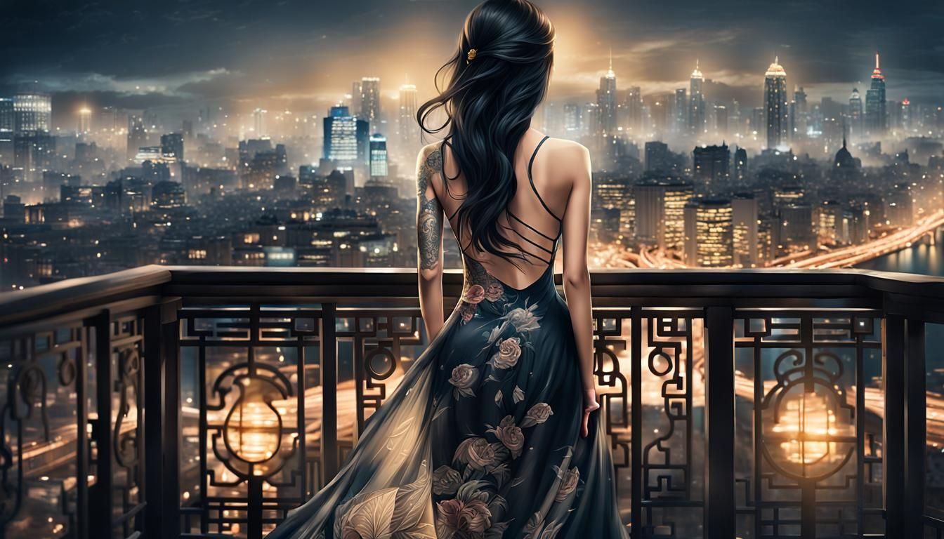 Elegant Woman with Tattoos Overlooking City at Night
