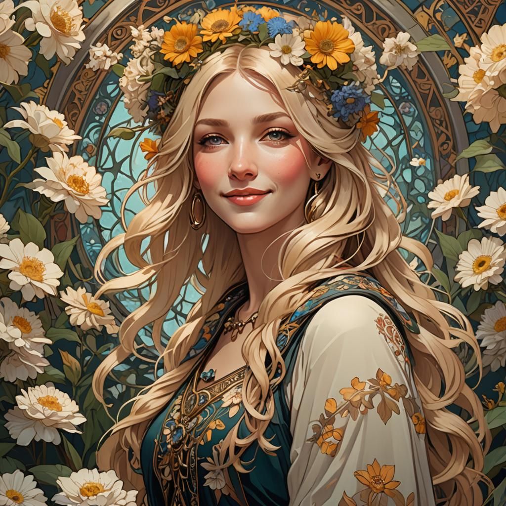 Blond Girl with Floral Smile, Art Nouveau Style