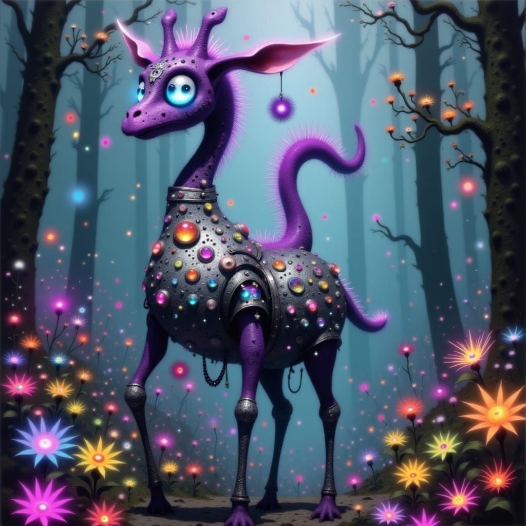 Armored Giraffe-Dragon in Mystical Forest, Digital Realism