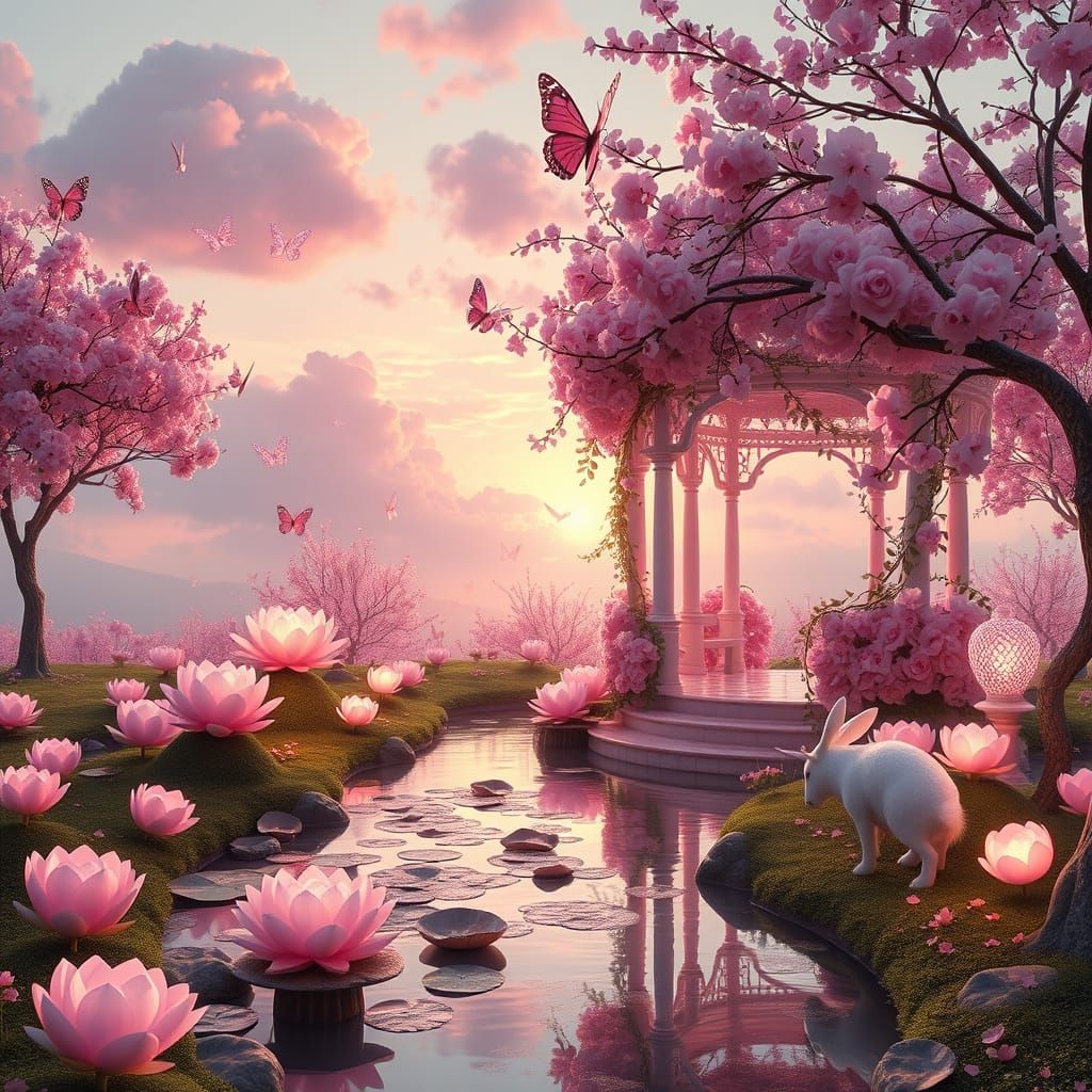 Enchanted Pink Garden at Sunrise in Unreal Engine Style