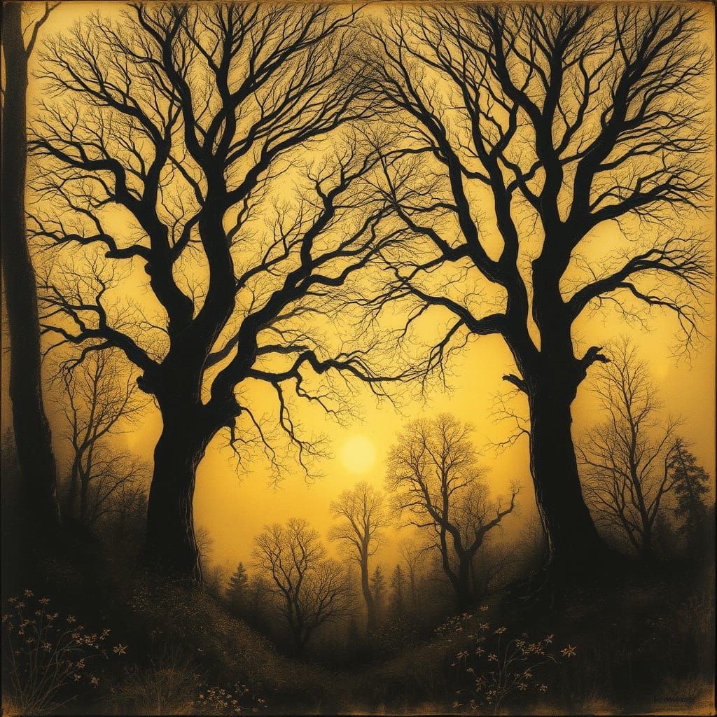 Hyperdetailed Charcoal Drawing of Serene Trees and Golden Li...