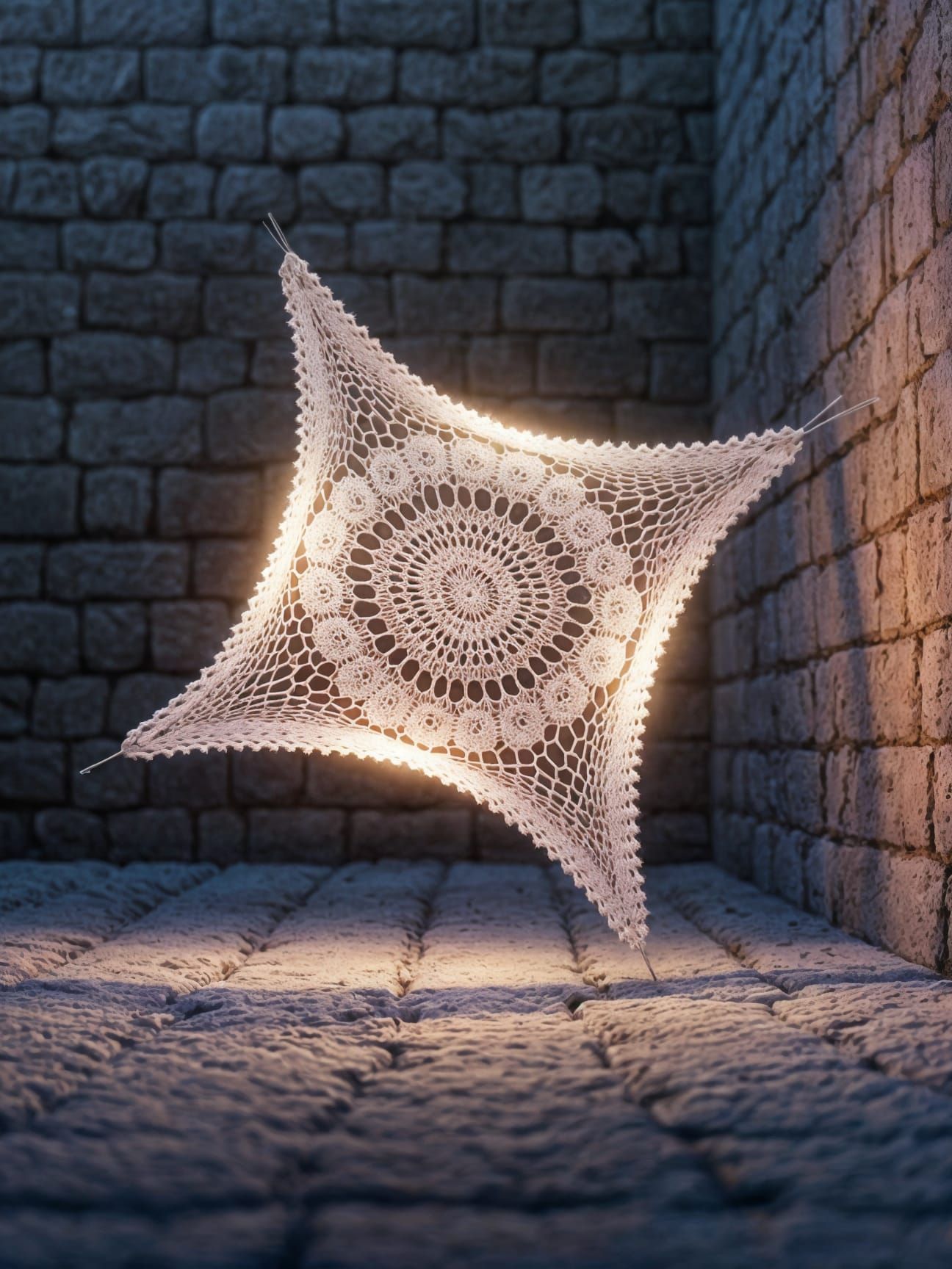Ethereal Crochet Pattern Against Medieval Stone Walls