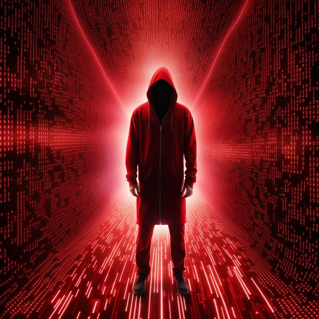 Hacker Silhouette in Red Binary Code, Cyberpunk Style