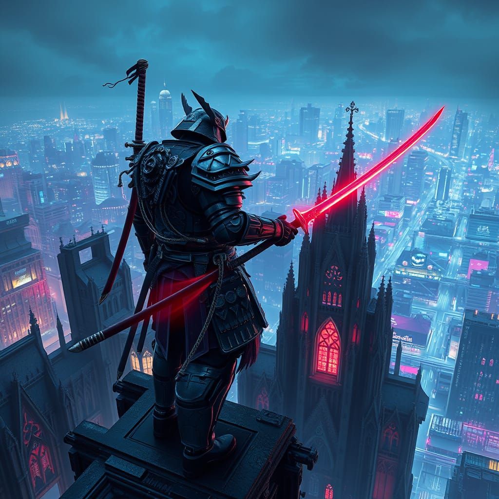 Cyborg Samurai Over Cyberpunk City in Gothic Setting