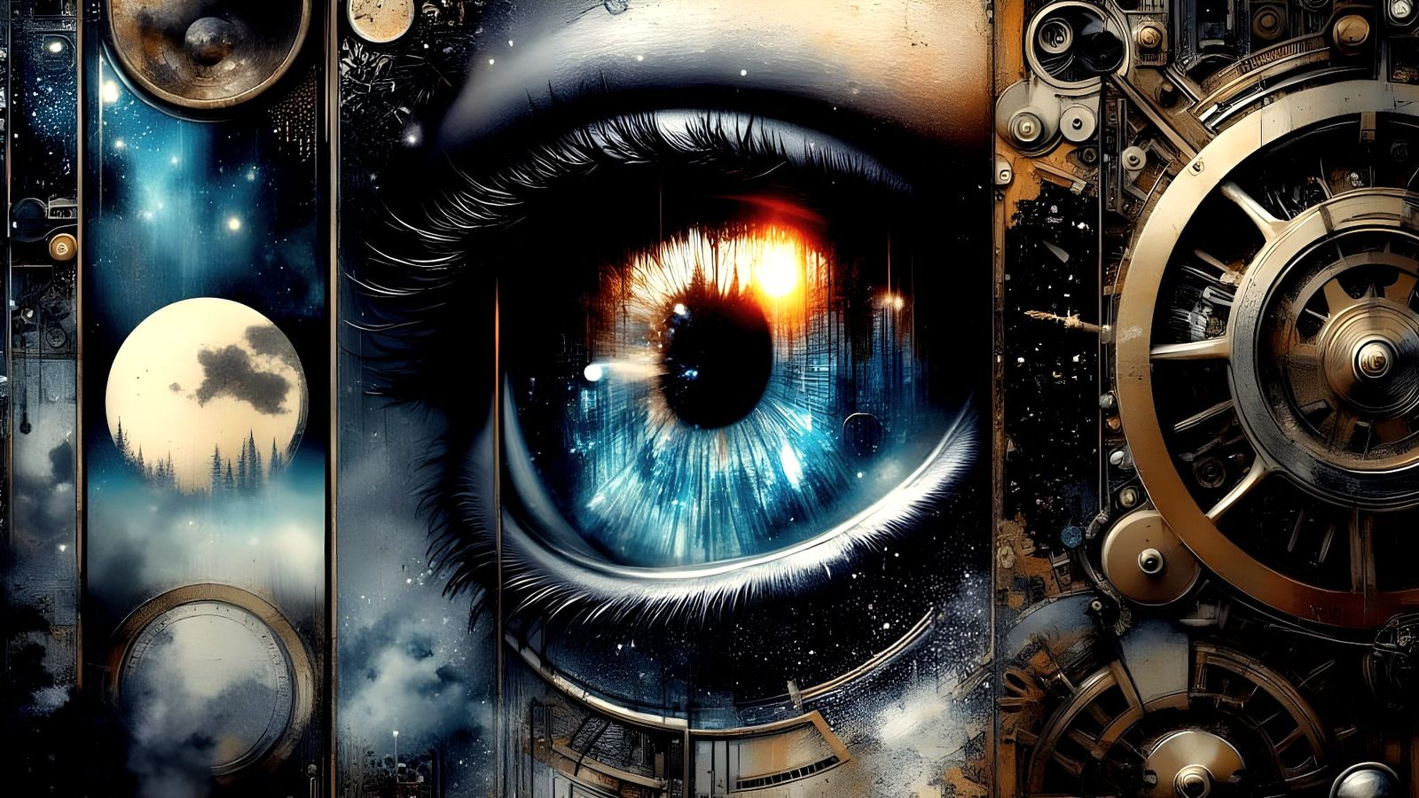 Mechanical Eye Reflecting Forest World in Surreal Gothic Sty...