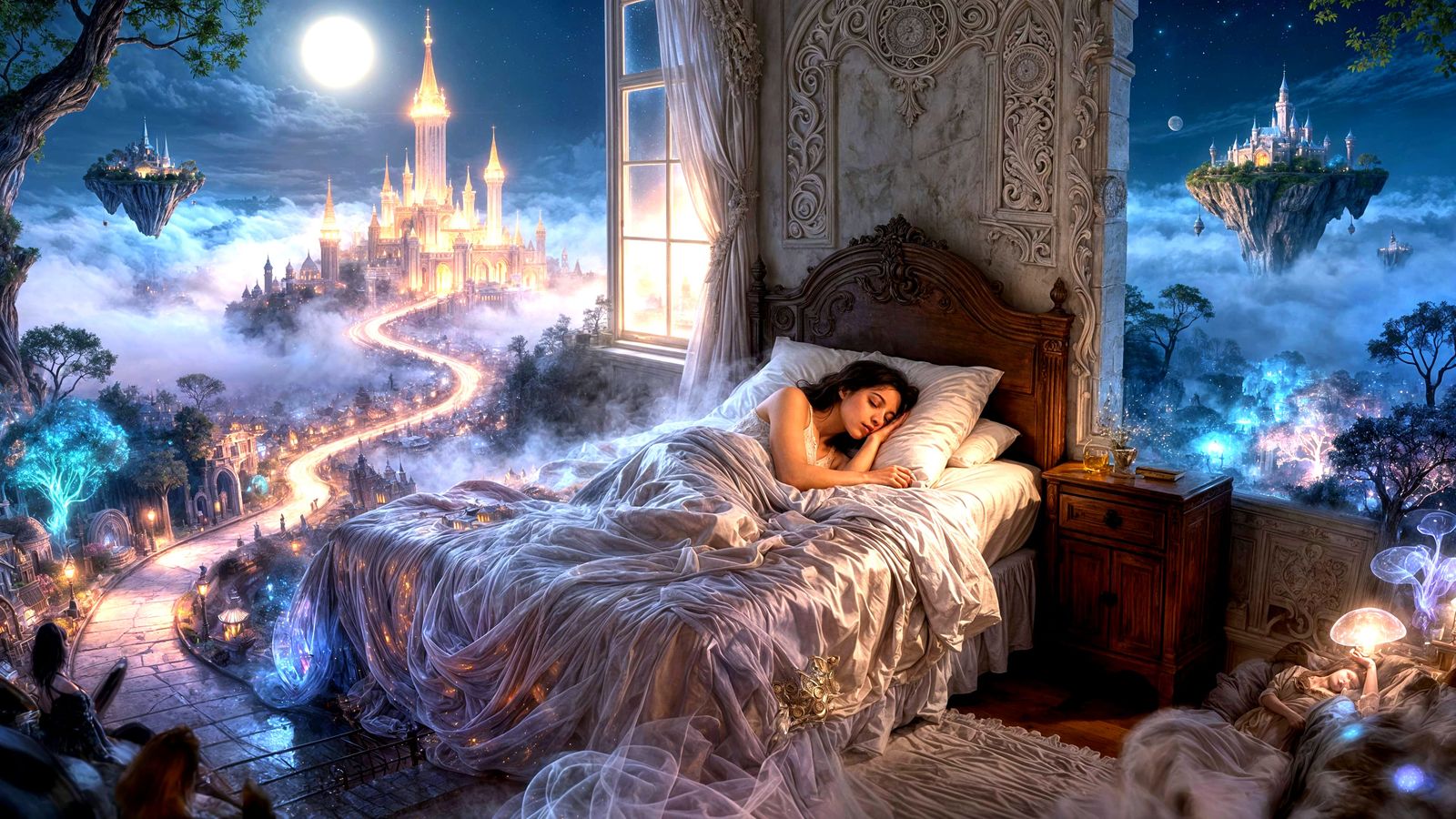 Majestic Dreamscape Unfolds Around Sleeping Woman