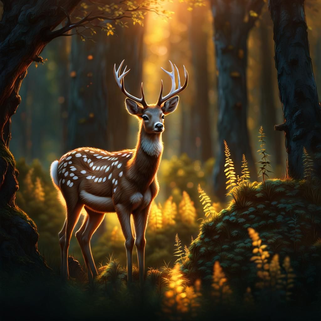 Ethereal Deer Portrait in Eerie Glowing Forest