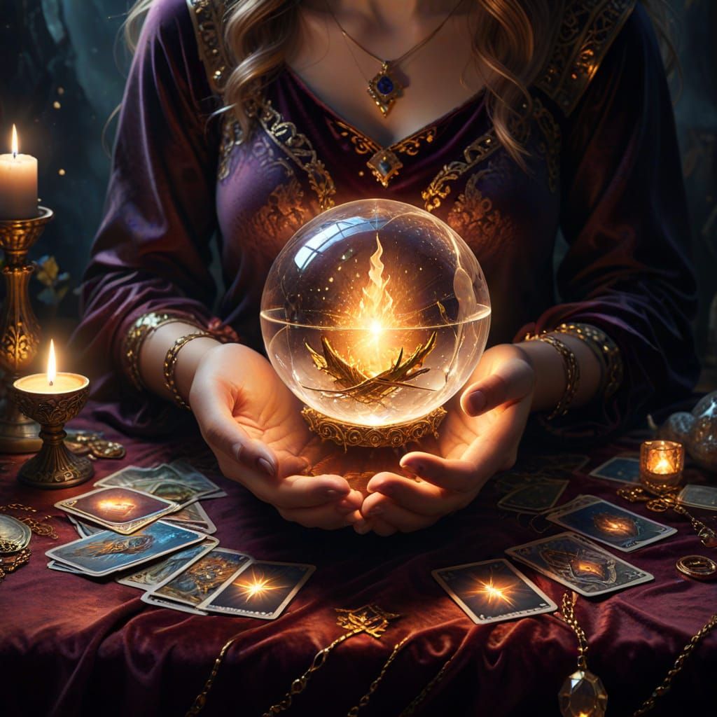 Mystical Tarot Reader in a Dreamlike Chamber