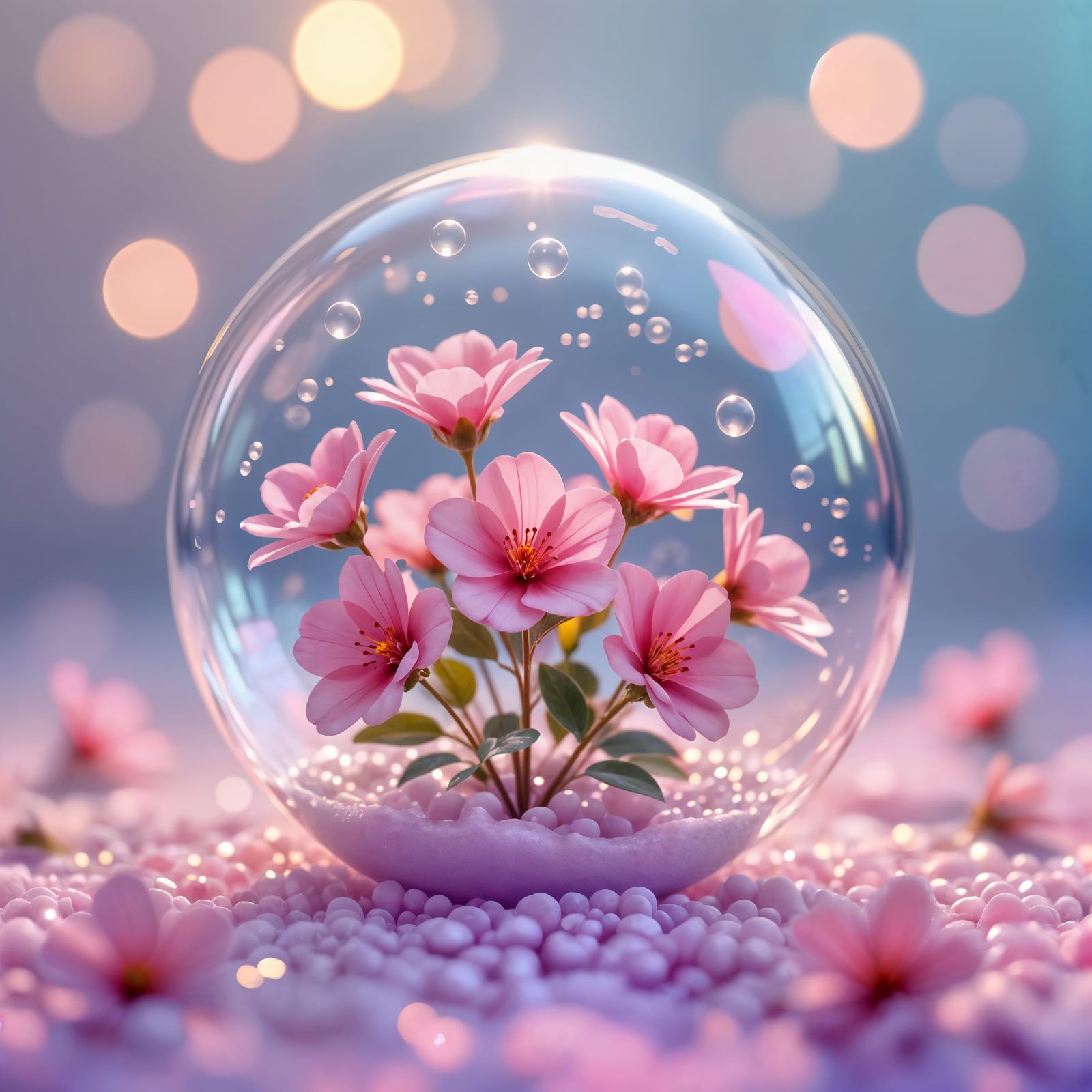 Rosy Flowers in Glass Bubble with Bokeh Lights