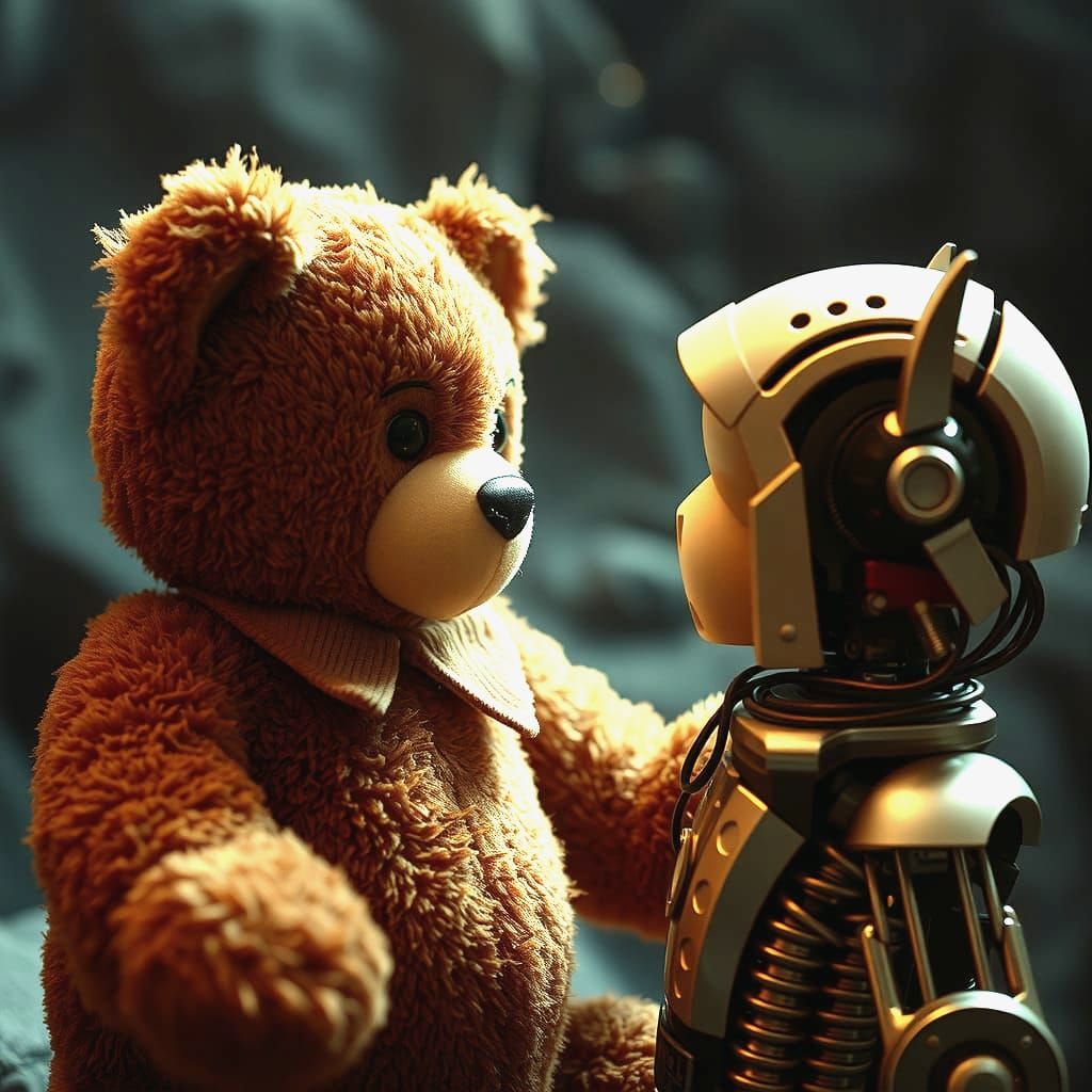 Teddy Bear Meets Robot Child in Cinematic Film Still