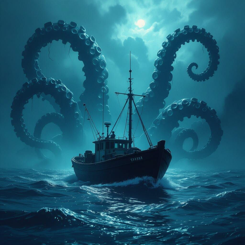 Fishing Boat Battles Kraken in Dark Fantasy Ocean