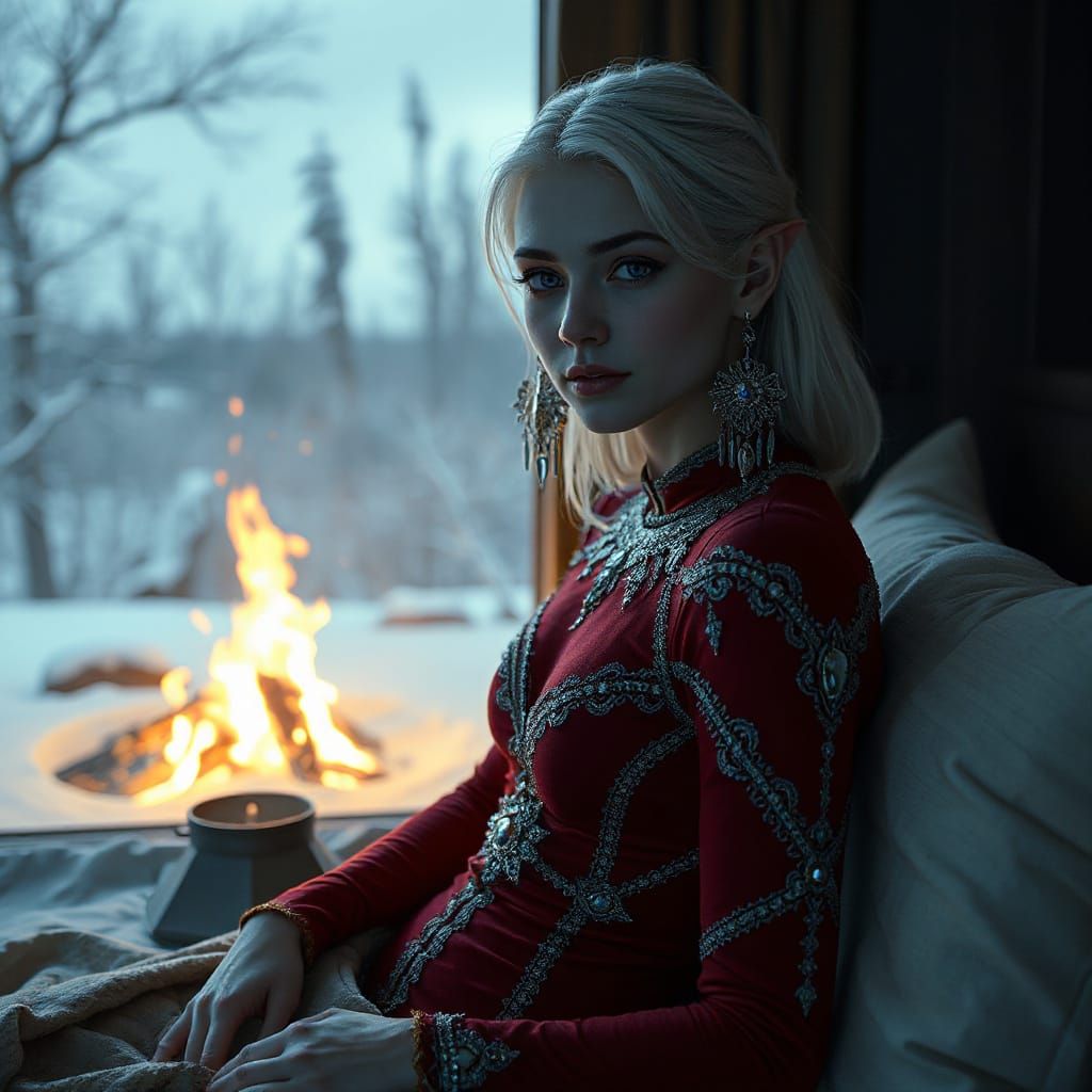 Ethereal Elven Maiden Recovers in Mystical Winter Scene