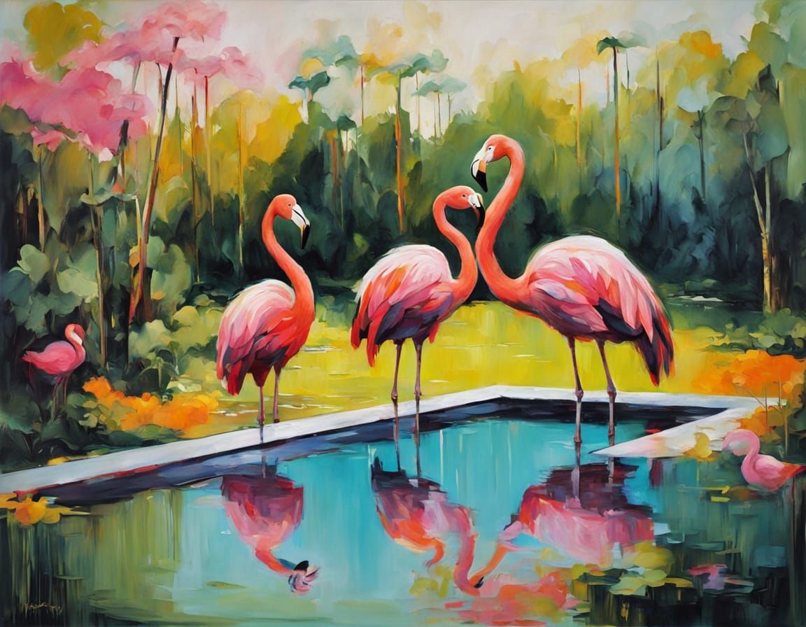 Abstract Expressionism Flamingos in Paradise Garden Pool