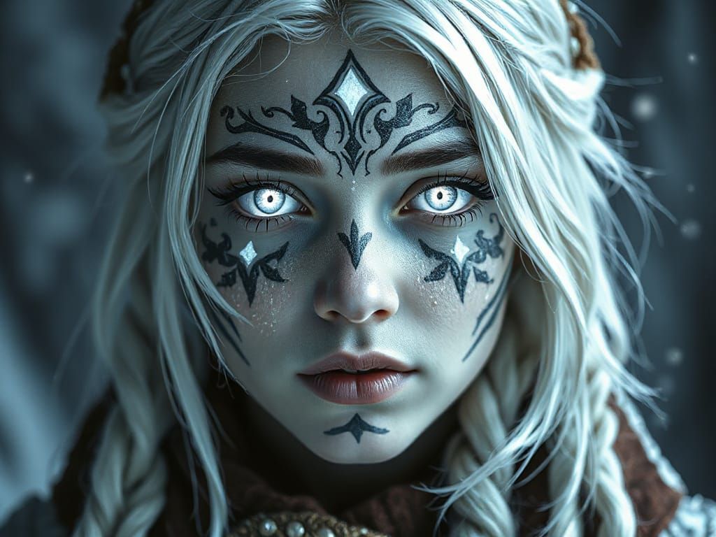 Snow Girl with Magic Tattoos and Glowing Eyes