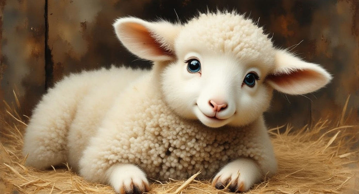 Woolly Lamb Resting in Antique Watercolor Style