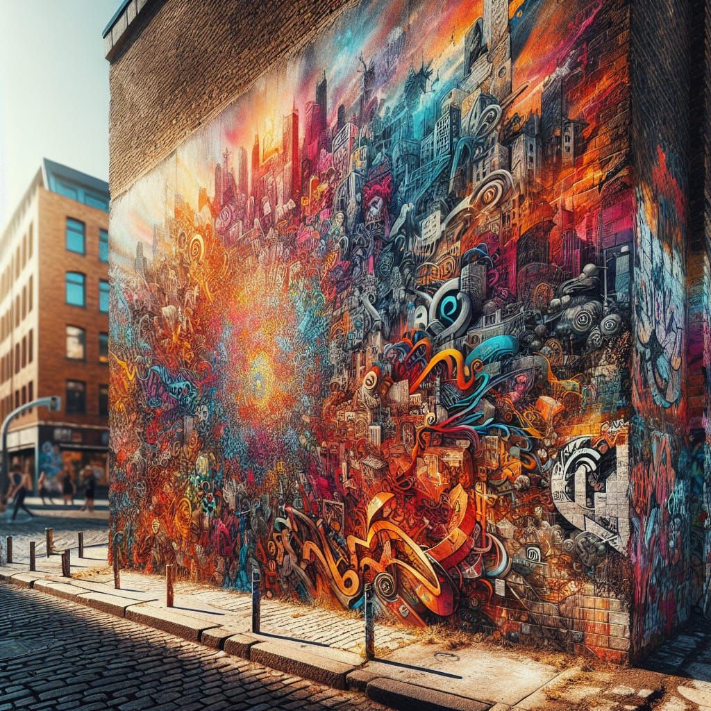 Vibrant Graffiti Art on Brick Wall in Cityscape