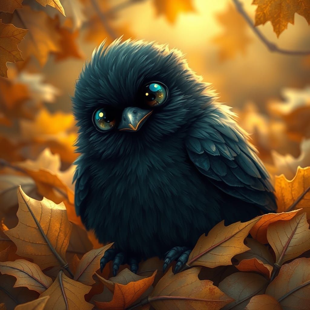 Enchanting Raven in Autumn Leaves, Children's Book Art