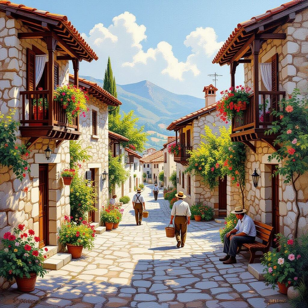 Charming Village Scene in Classic Oil Painting Style