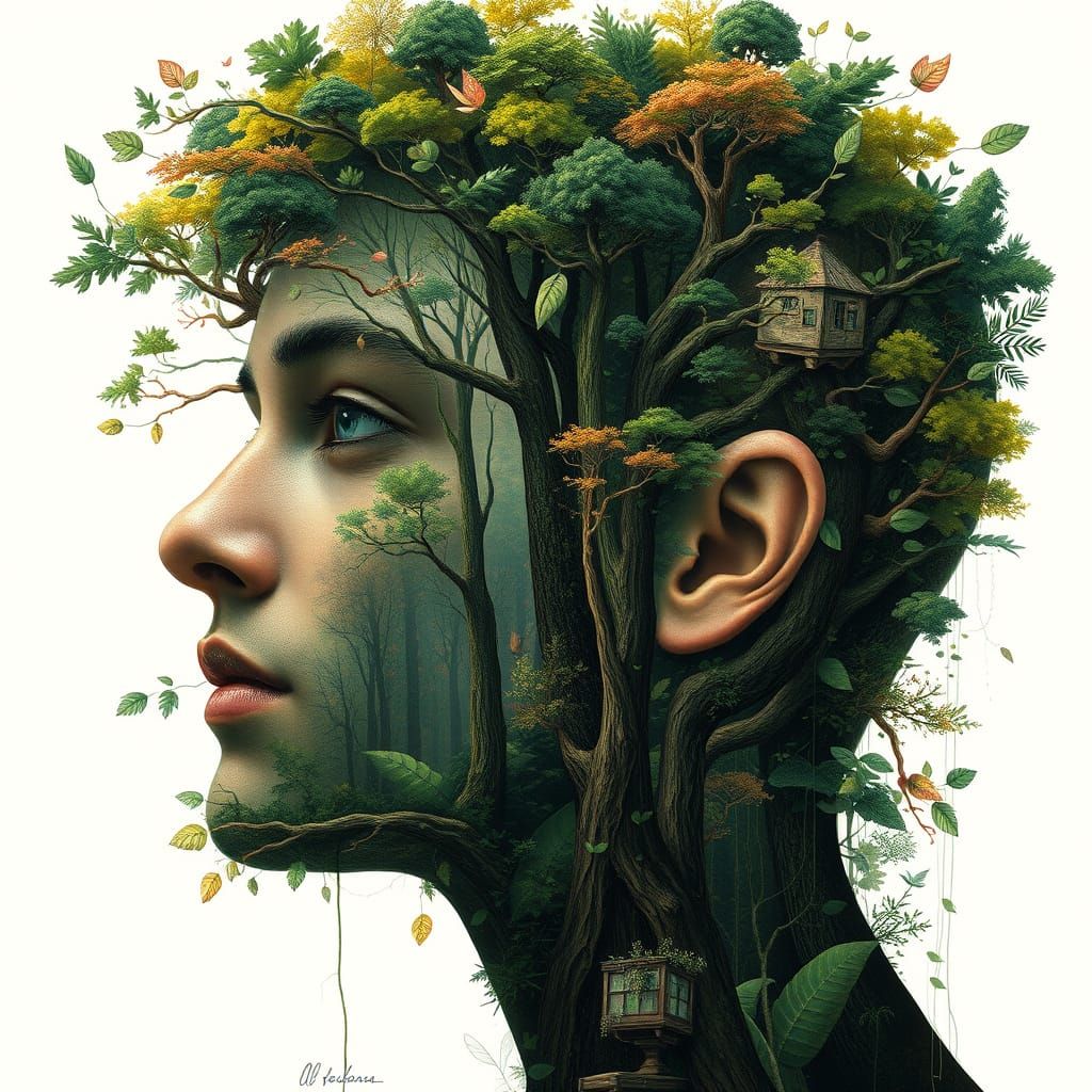 Vibrant Forest Portrait in Layered Digital Art Style