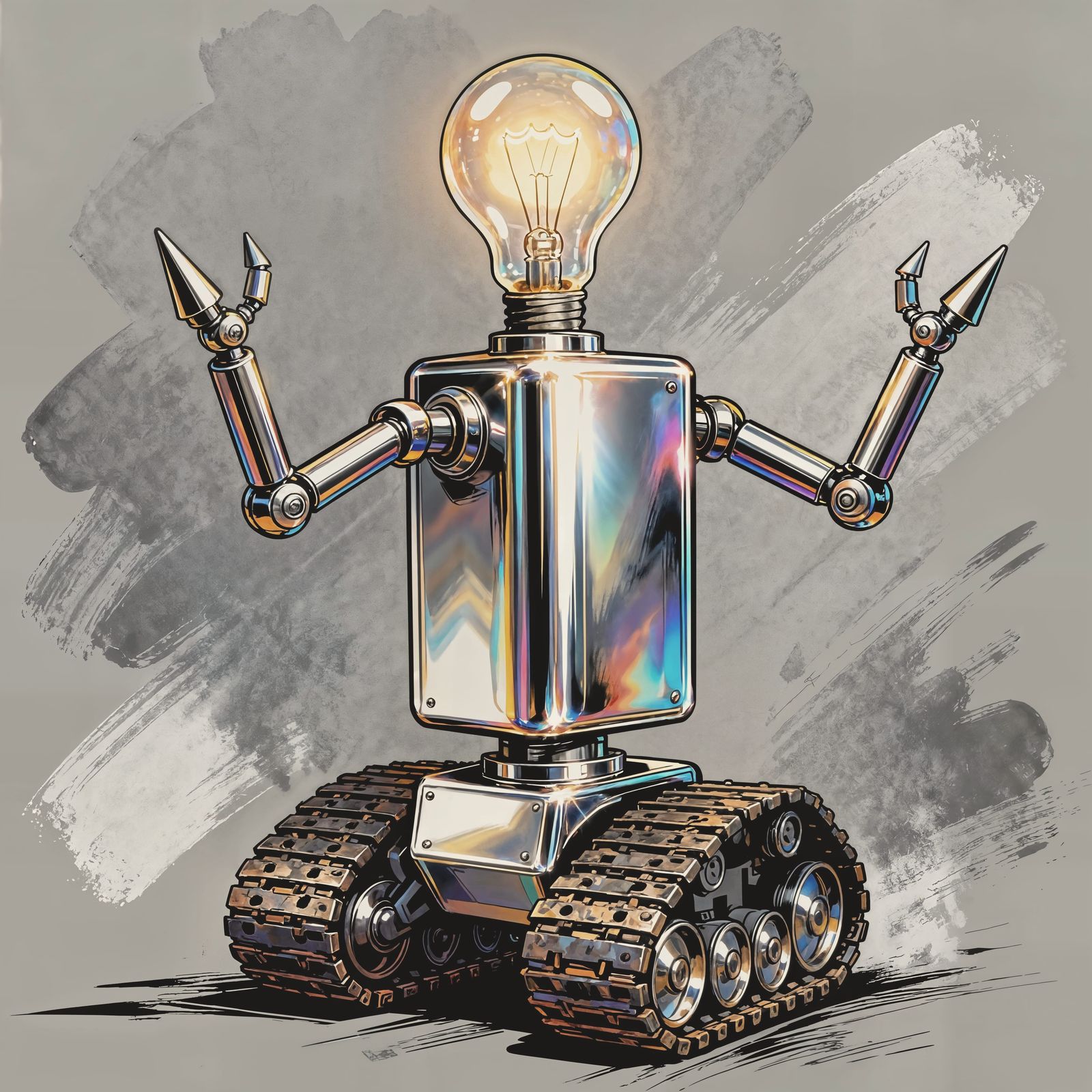 Chrome Robot with Light Bulb Head in Airbrushed Comic Style